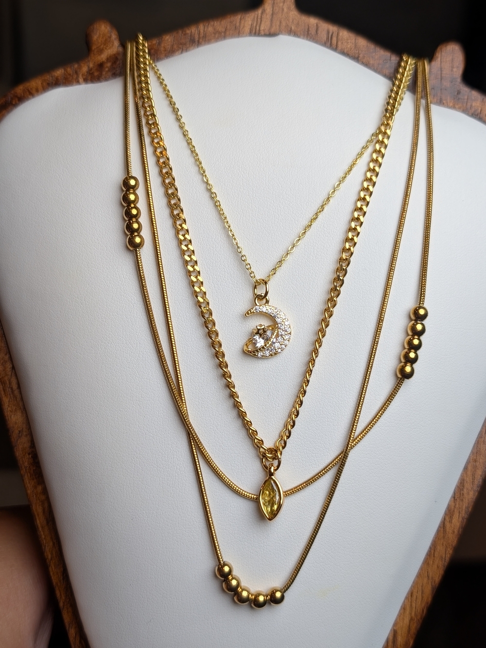 Gold Layered Moon & Marquise Pendant Necklace Set